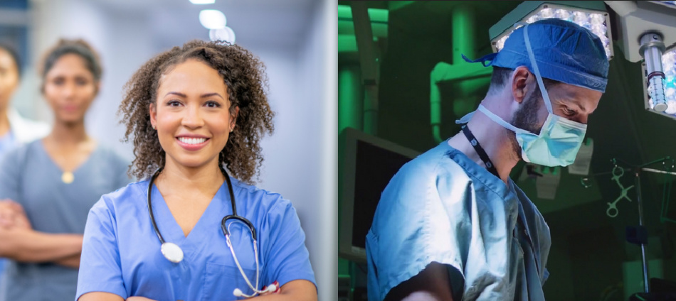 Female wearing scrubs and stethescope with another female blurred in background next to image of male in scrubs in the OR