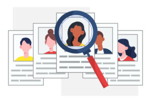 Staff recruitment concept. Magnifying glass aimed at portfolio of candidates. Search for employee for company, expansion. Talent analysis, resumes and documents. Cartoon flat vector illustration